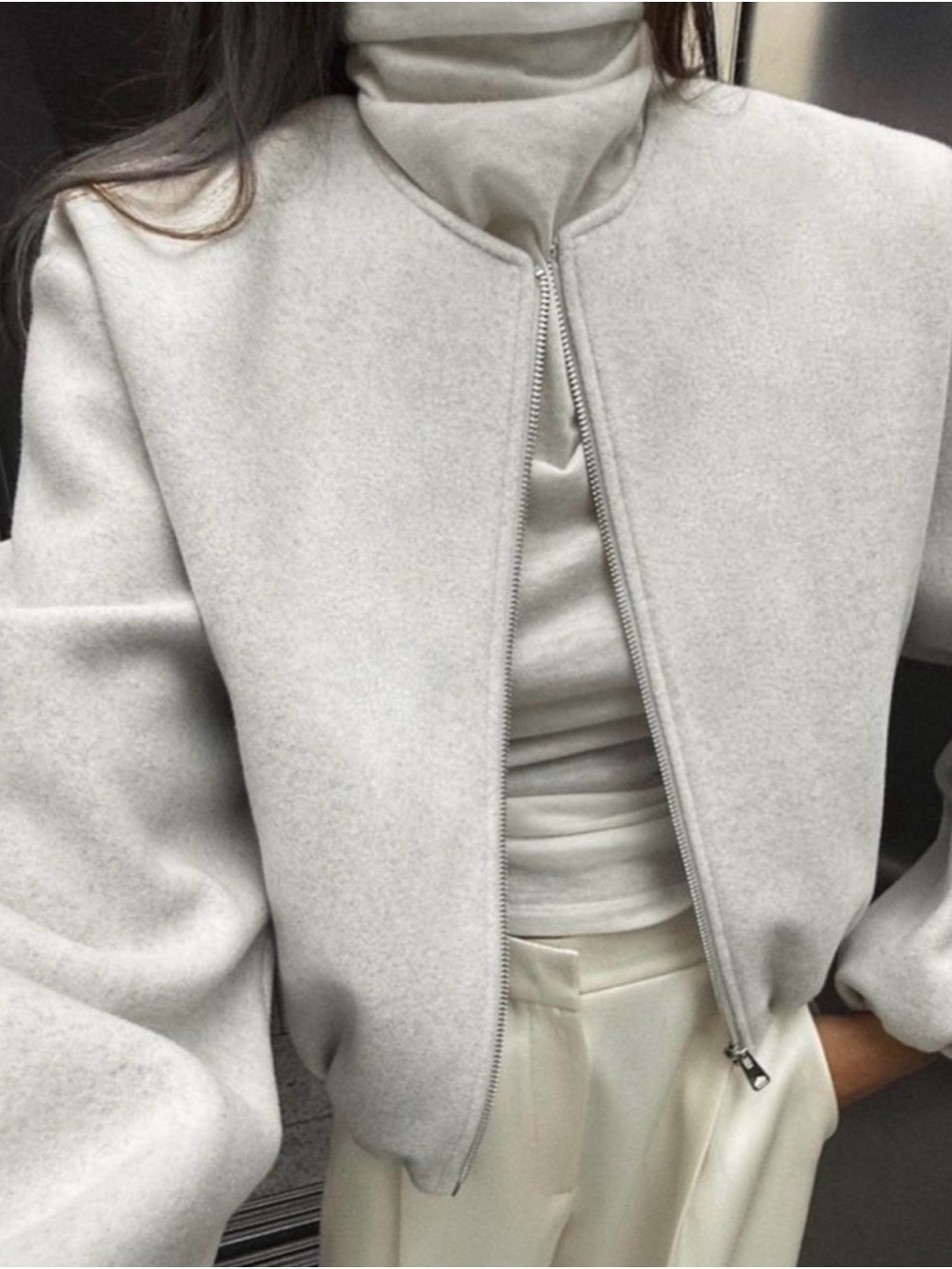 Zara Light Gray Minimal Zip Bomber Jacket Size Xs